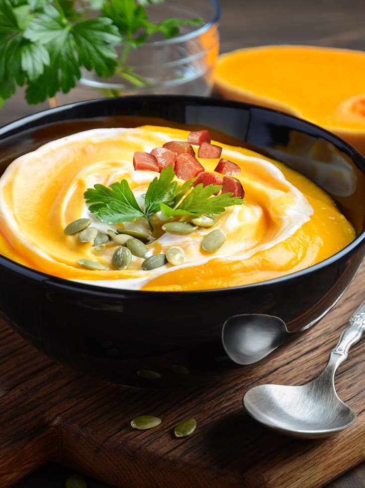 KÜRBISCREMESUPPE MIT MINIATURSCHINKEN